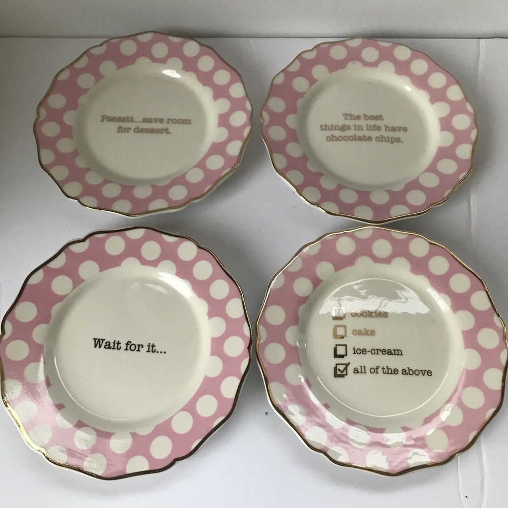 pink and white polka dot‎ dessert plate set of 4 with sayings